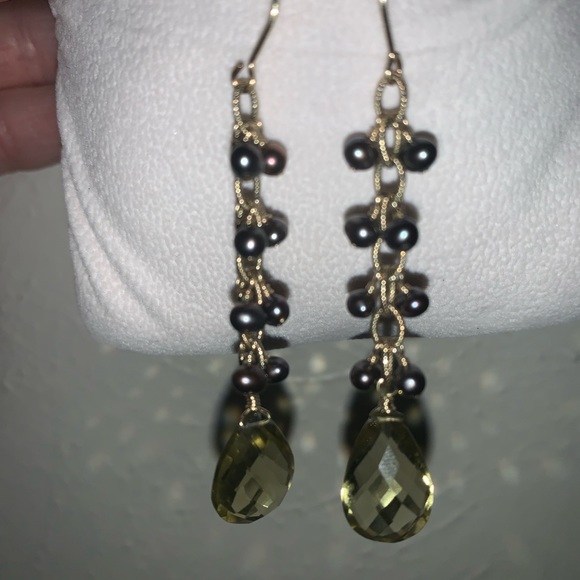 Elizabeth Showers Earrings w/beading , gold, and tourmaline stones. - Picture 2 of 3